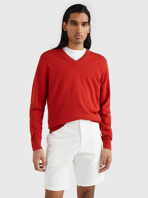 Tommy Hilfiger 1985 Essential TH Flex V-Neck Jumper Kazak Erkek Kırmızı | TH278NUJ