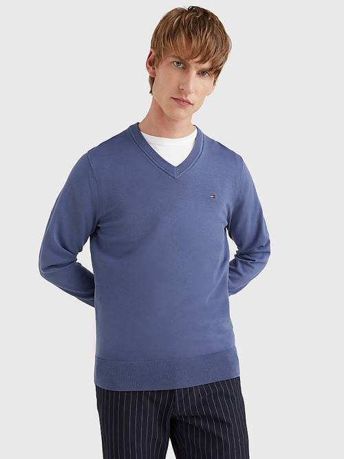 Tommy Hilfiger 1985 Essential TH Flex V-Neck Jumper Kazak Erkek Mavi | TH759XHF