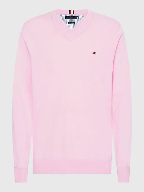 Tommy Hilfiger 1985 Essential TH Flex V-Neck Jumper Kazak Erkek Pembe | TH973GXW