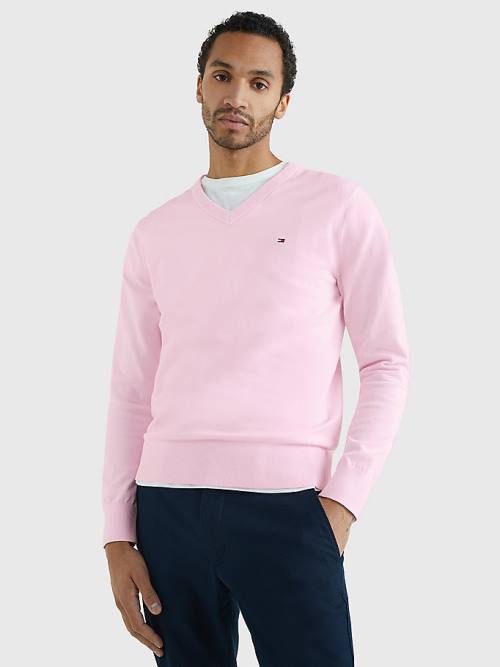 Tommy Hilfiger 1985 Essential TH Flex V-Neck Jumper Kazak Erkek Pembe | TH973GXW