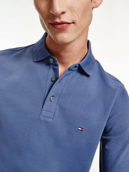 Tommy Hilfiger 1985 TH Flex Slim Fit Long Sleeve Polo Yaka Tişört Erkek Mavi | TH125VMD