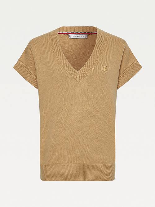 Tommy Hilfiger Alpaca Relaxed V-Neck Kısa Sleeve Vest Kazak Kadın Kahverengi | TH569YOB