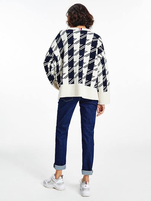 Tommy Hilfiger Alpaca Wool Houndstooth Relaxed Fit Jumper Kazak Kadın Mavi | TH415YFR