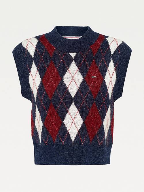 Tommy Hilfiger Argyle Cropped Wool Blend Vest Kazak Kadın Mavi | TH857BML