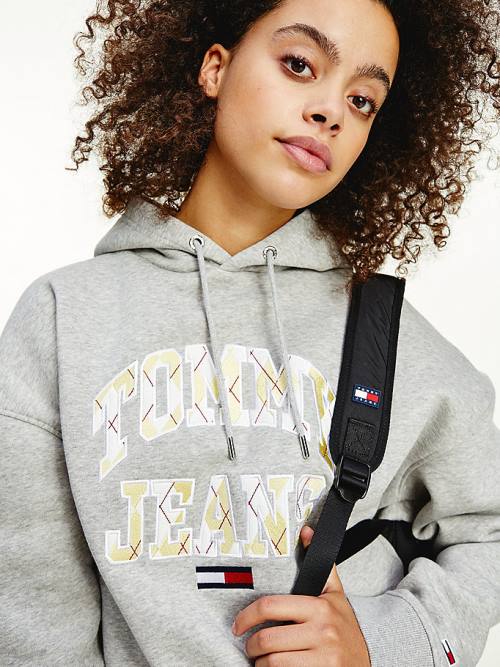 Tommy Hilfiger Argyle Oversized Fit Logo Kapüşonlu Sweatshirt Kadın Gri | TH108JCB