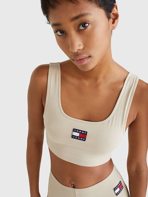 Tommy Hilfiger Badge Cropped Fit Tank Top Tişört Kadın Bej Rengi | TH970OVP