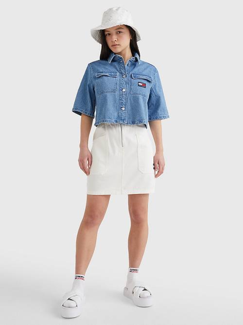 Tommy Hilfiger Badge Cropped Kısa Sleeve Denim Gömlek Kadın Denim | TH174KGU