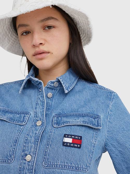 Tommy Hilfiger Badge Cropped Kısa Sleeve Denim Gömlek Kadın Denim | TH174KGU