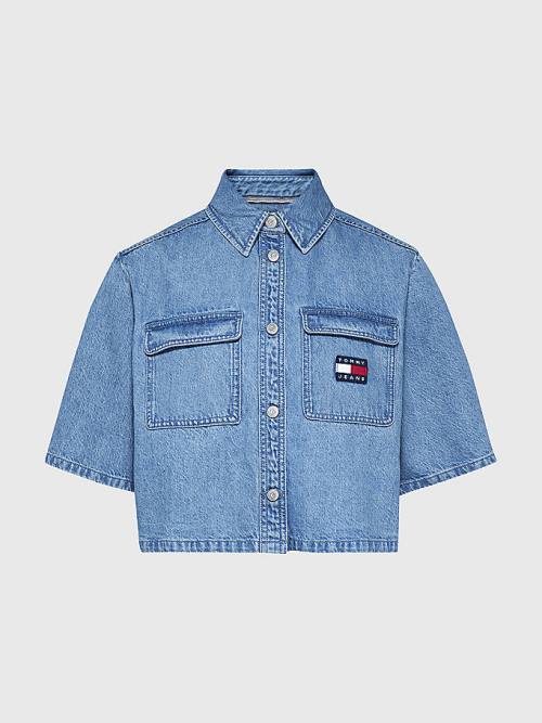 Tommy Hilfiger Badge Cropped Kısa Sleeve Denim Gömlek Kadın Denim | TH174KGU