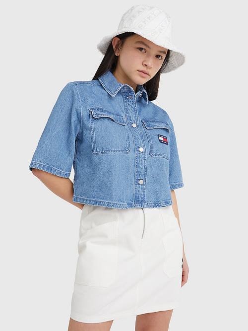 Tommy Hilfiger Badge Cropped Kısa Sleeve Denim Gömlek Kadın Denim | TH174KGU