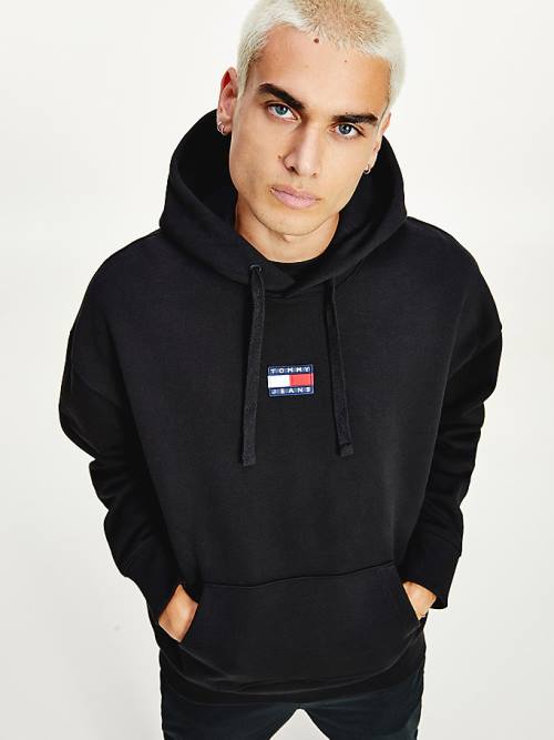 Tommy Hilfiger Badge Organic Pamuklu Kapüşonlu Sweatshirt Erkek Siyah | TH235QEG