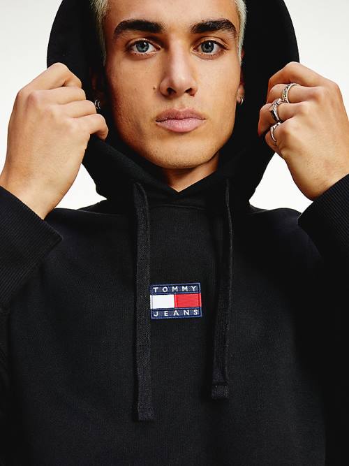 Tommy Hilfiger Badge Organic Pamuklu Kapüşonlu Sweatshirt Erkek Siyah | TH235QEG