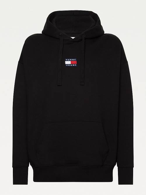 Tommy Hilfiger Badge Organic Pamuklu Kapüşonlu Sweatshirt Erkek Siyah | TH235QEG