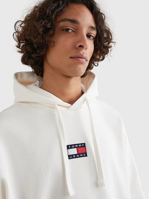 Tommy Hilfiger Badge Organic Pamuklu Kapüşonlu Sweatshirt Erkek Beyaz | TH493DLW