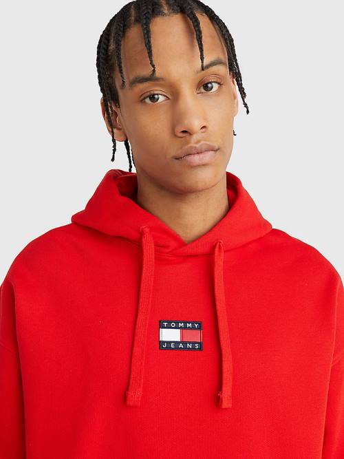 Tommy Hilfiger Badge Organic Pamuklu Kapüşonlu Sweatshirt Erkek Kırmızı | TH803ECG