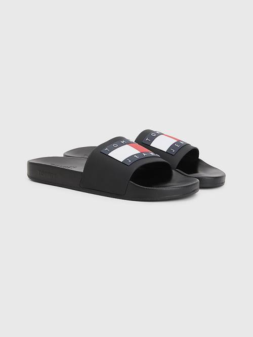 Tommy Hilfiger Badge Pool Slides Sandalet Erkek Siyah | TH690RPG