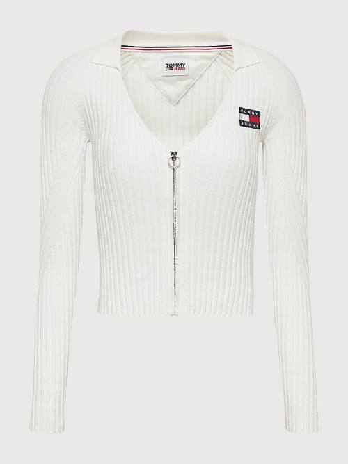 Tommy Hilfiger Badge Recycled Zip-Thru Cardigan Kazak Kadın Beyaz | TH465OYR