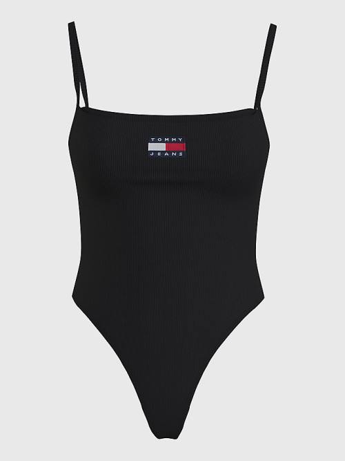 Tommy Hilfiger Badge Square Neck Bodysuit Tişört Kadın Siyah | TH629KPM