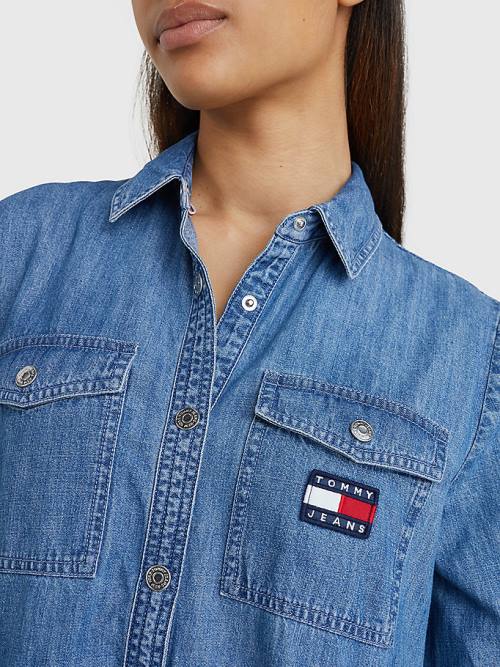 Tommy Hilfiger Badge Tiered Denim Shirt Elbise Kadın Denim | TH826PMJ