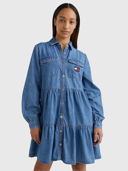 Tommy Hilfiger Badge Tiered Denim Shirt Elbise Kadın Denim | TH826PMJ