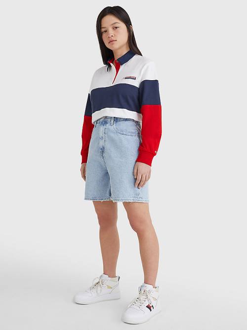 Tommy Hilfiger Boxy Cropped Long Sleeve Polo Yaka Tişört Kadın Mavi | TH125DOB