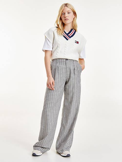 Tommy Hilfiger Check Relaxed Fit Geniş Leg Pantolon Kadın Bej Rengi | TH145SOB