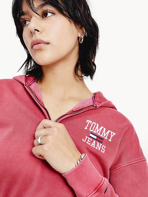 Tommy Hilfiger College Cropped Quarter-Zip Kapüşonlu Sweatshirt Kadın Kırmızı | TH380LTV