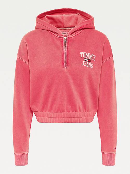 Tommy Hilfiger College Cropped Quarter-Zip Kapüşonlu Sweatshirt Kadın Kırmızı | TH380LTV