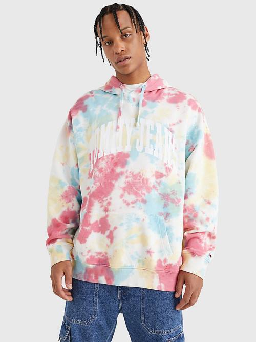 Tommy Hilfiger College Logo Tie-Dye Kapüşonlu Sweatshirt Erkek Beyaz | TH657SVU