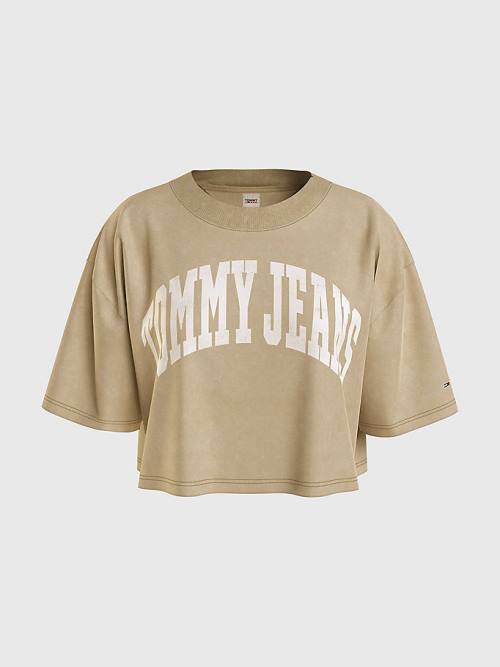 Tommy Hilfiger College Oversized Cropped Tişört Kadın Bej Rengi | TH793TRO