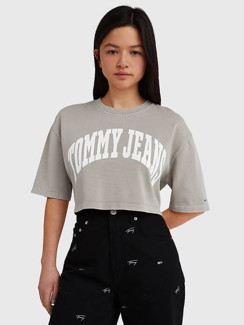 Tommy Hilfiger College Oversized Cropped Tişört Kadın Bej Rengi | TH793TRO