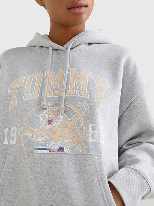 Tommy Hilfiger College Tiger Logo Relaxed Kapüşonlu Sweatshirt Kadın Gri | TH745XFC