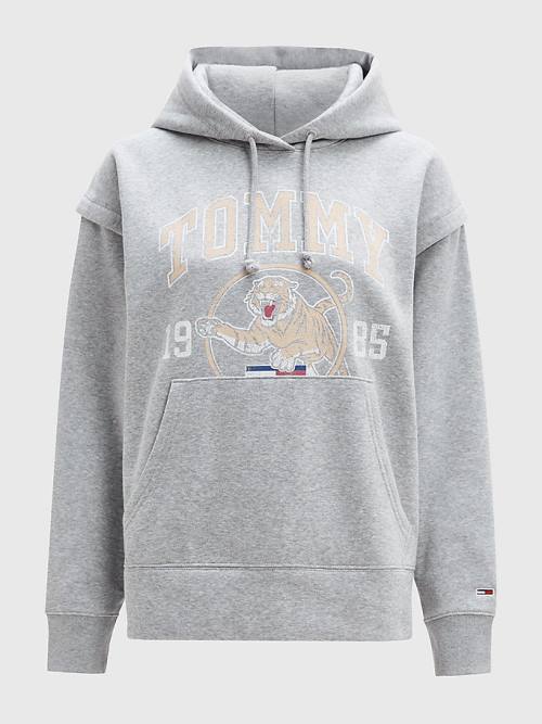 Tommy Hilfiger College Tiger Logo Relaxed Kapüşonlu Sweatshirt Kadın Gri | TH745XFC