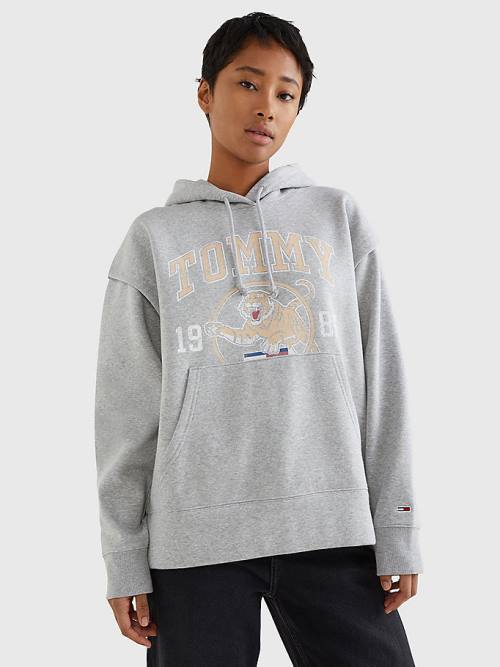 Tommy Hilfiger College Tiger Logo Relaxed Kapüşonlu Sweatshirt Kadın Gri | TH745XFC