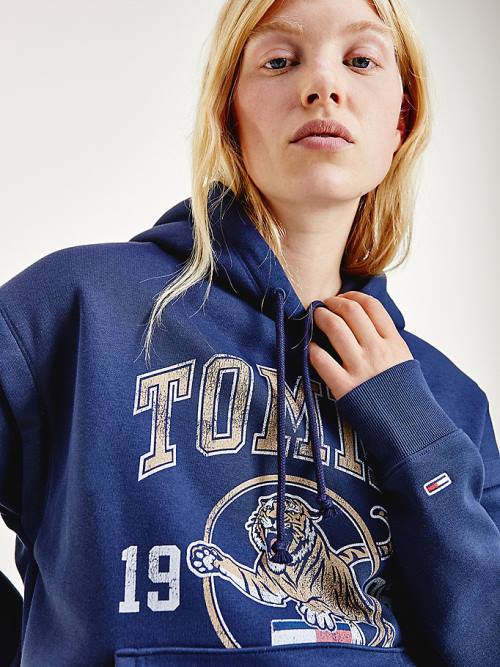 Tommy Hilfiger College Tiger Logo Relaxed Kapüşonlu Sweatshirt Kadın Mavi | TH932VBX