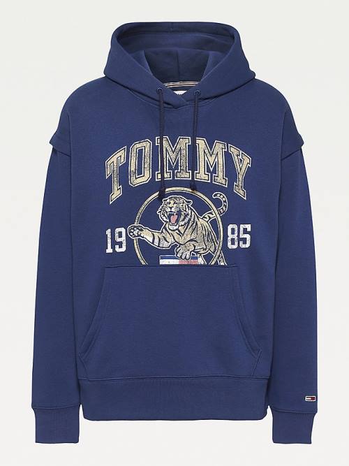 Tommy Hilfiger College Tiger Logo Relaxed Kapüşonlu Sweatshirt Kadın Mavi | TH932VBX