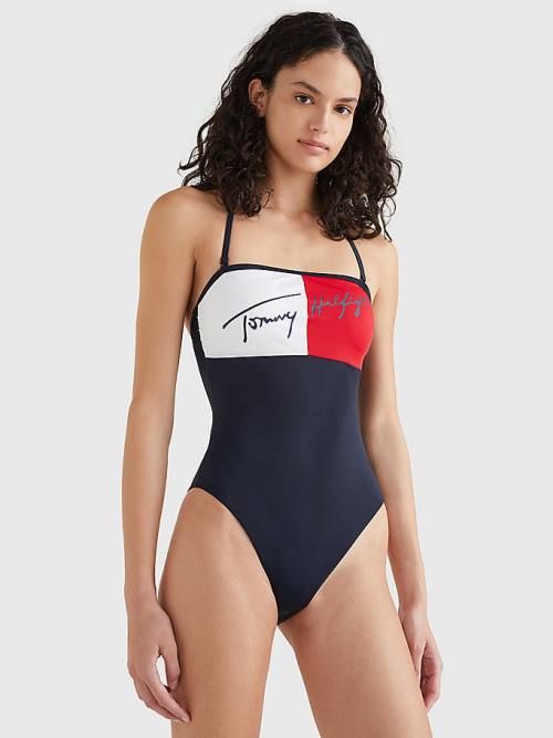 Tommy Hilfiger Colour-Blocked Bandeau One Piecesuit Mayo Kadın Mavi | TH314YXW