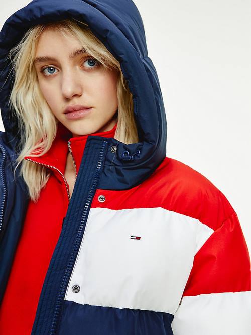 Tommy Hilfiger Colour-Blocked Belted Down Puffer Ceket Kadın Mavi | TH576VXI