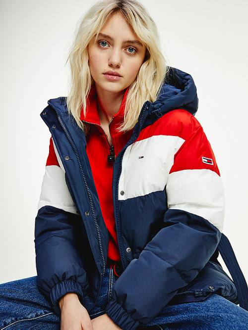 Tommy Hilfiger Colour-Blocked Belted Down Puffer Ceket Kadın Mavi | TH576VXI