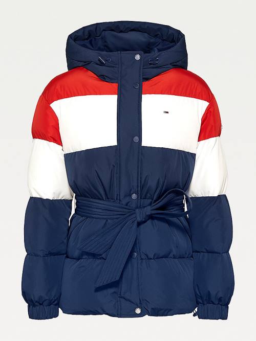 Tommy Hilfiger Colour-Blocked Belted Down Puffer Ceket Kadın Mavi | TH576VXI