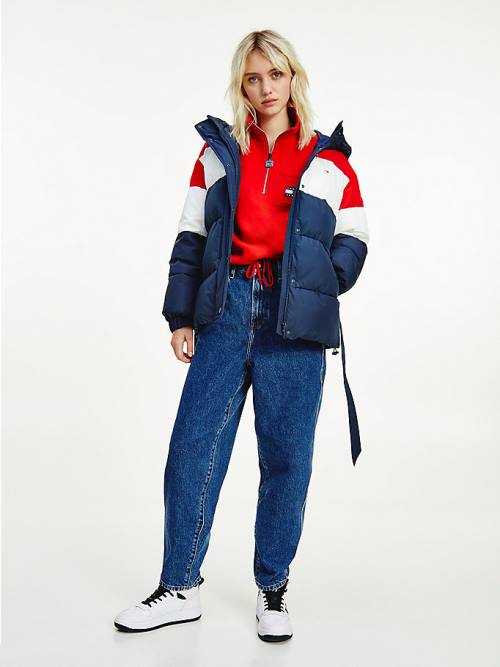 Tommy Hilfiger Colour-Blocked Belted Down Puffer Ceket Kadın Mavi | TH576VXI