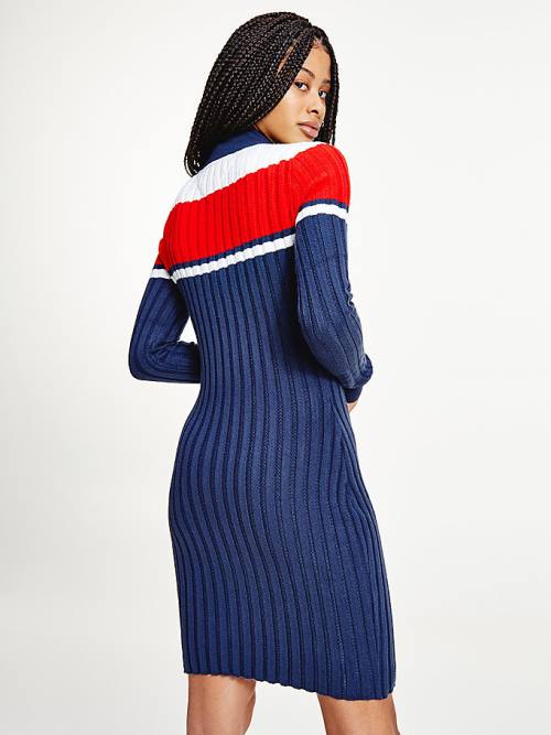 Tommy Hilfiger Colour-Blocked Half-Zip Jumper Elbise Kadın Mavi | TH140RTF