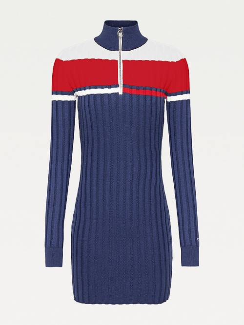 Tommy Hilfiger Colour-Blocked Half-Zip Jumper Elbise Kadın Mavi | TH140RTF