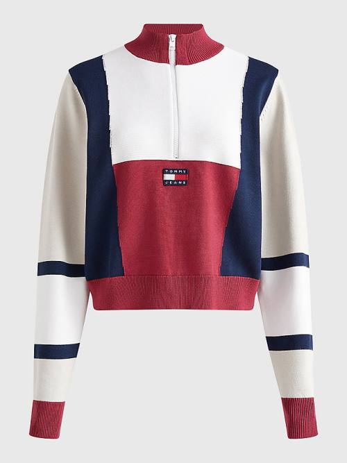 Tommy Hilfiger Colour-Blocked Half-Zip Jumper Kazak Kadın Kırmızı | TH260QNS