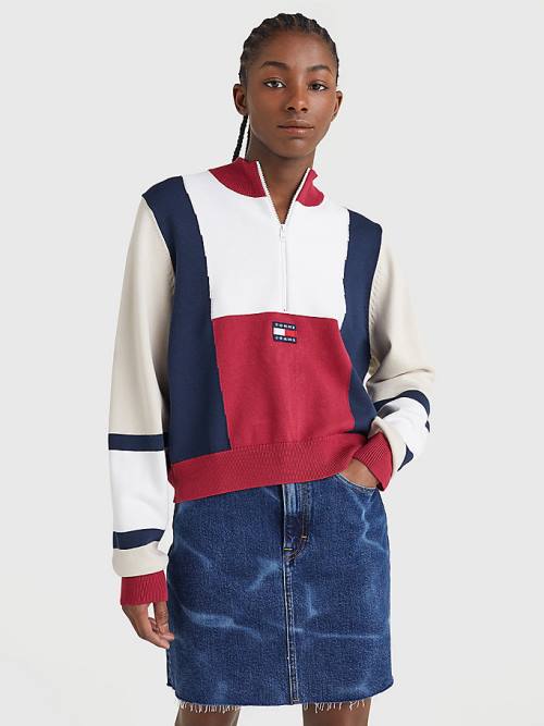 Tommy Hilfiger Colour-Blocked Half-Zip Jumper Kazak Kadın Kırmızı | TH260QNS