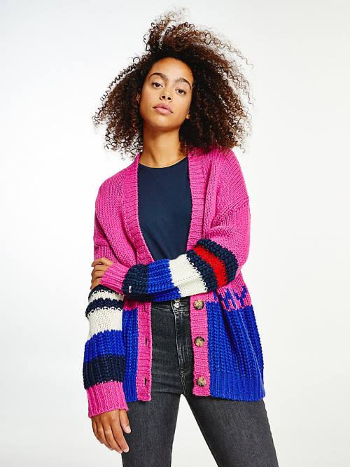 Tommy Hilfiger Colour-Blocked Knit Cardigan Kazak Kadın Mor | TH213SCY