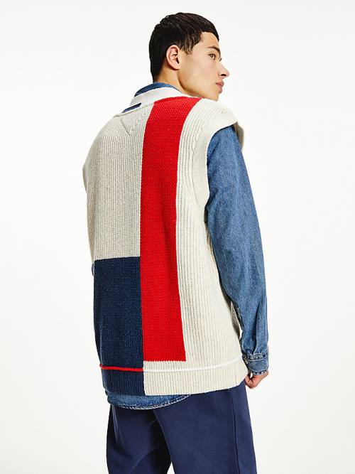 Tommy Hilfiger Colour-Blocked V-Neck Vest Sweatshirt Erkek Mavi | TH452RXO