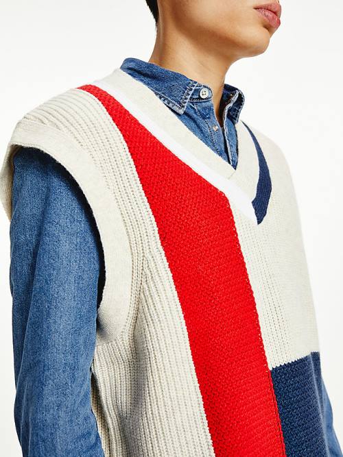 Tommy Hilfiger Colour-Blocked V-Neck Vest Sweatshirt Erkek Mavi | TH452RXO