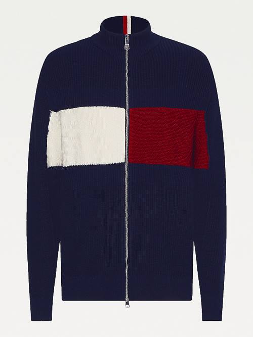 Tommy Hilfiger Colour-Blocked Zip-Thru Stripe Cardigan Kazak Erkek Mavi | TH589WTI