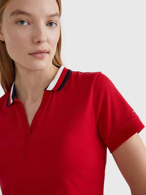 Tommy Hilfiger Contrast Collar Slim Fit Top Polo Yaka Tişört Kadın Kırmızı | TH018HMU